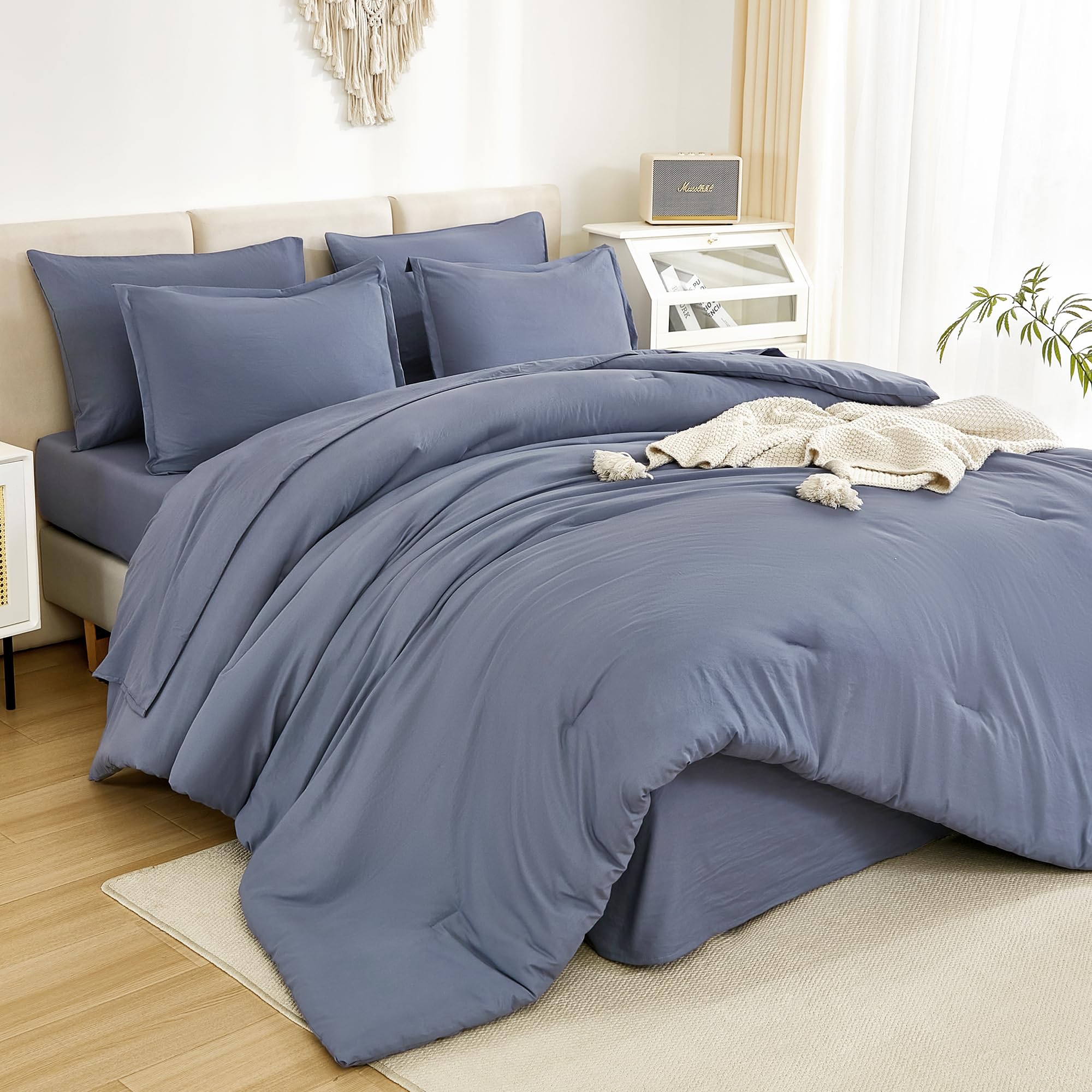 Litanika King Size Comforter Set Bluish Grey - 7 Pieces Bed In A Bag King Beddding Comforter Sets, Solid Lightweight Bed Set Wit